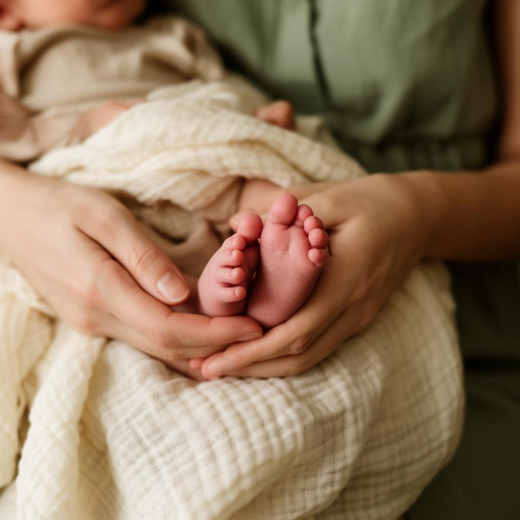 A parent gently cradling a newborn baby's feet wrapped in a soft muslin blanket