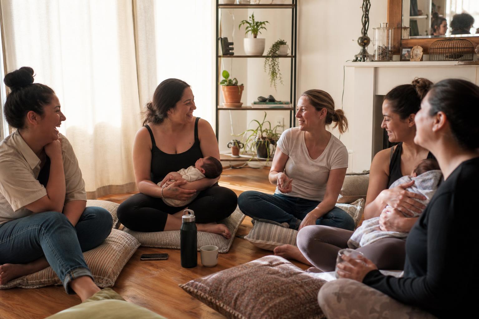 A small group of new parents sitting in a circle on cushions, holding their babies during a workshop